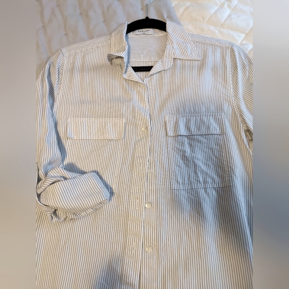 Babaton Striped Button-Down Shirt in White and Navy